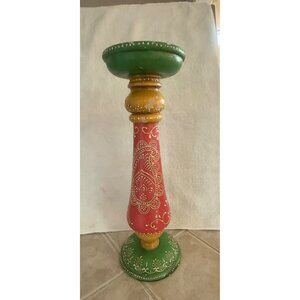 Hand-Painted Wooden Candle Holder With Intricate Red Green & Yellow Floral Desig